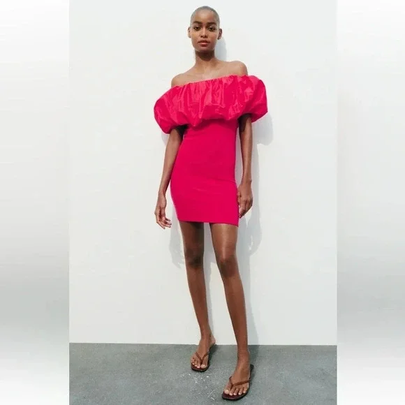 ZARA RASPBERRY OFF SHOULDER PINK MINI DRESS - Picture 2 of 10